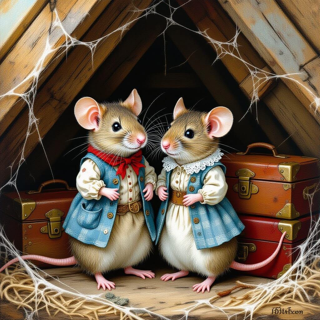 Charming Mice in Attic, Beatrix Potter Style