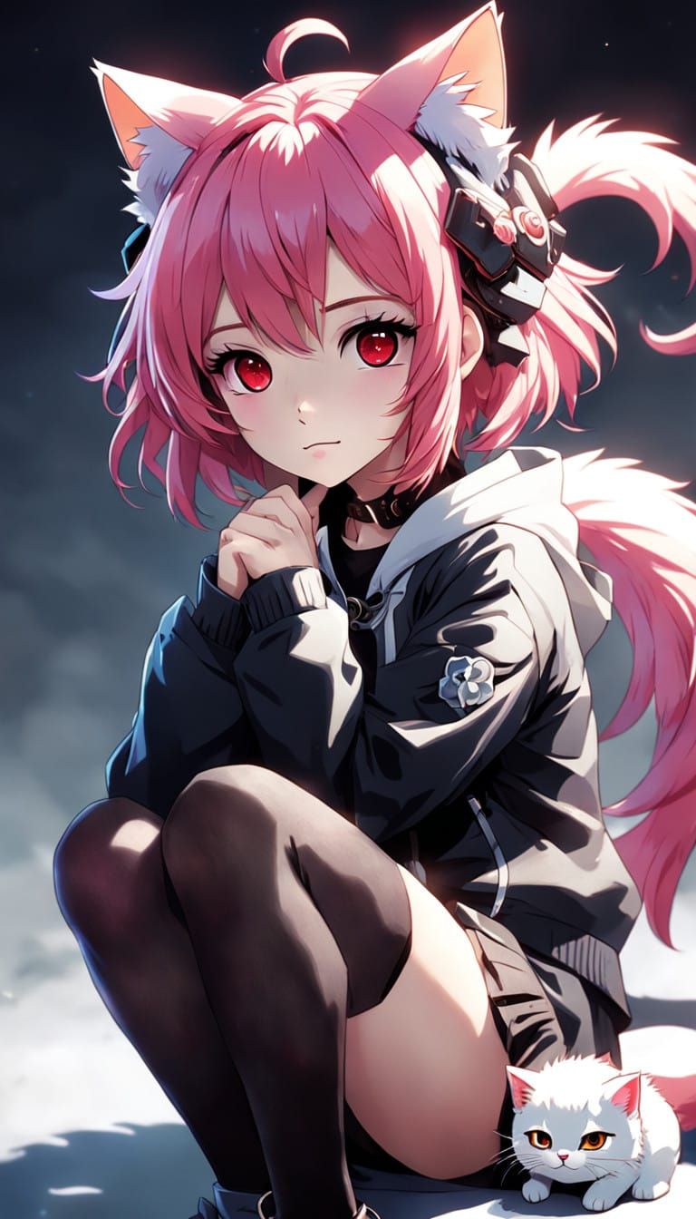 Anime Girl with Red Eyes and Pink Hair