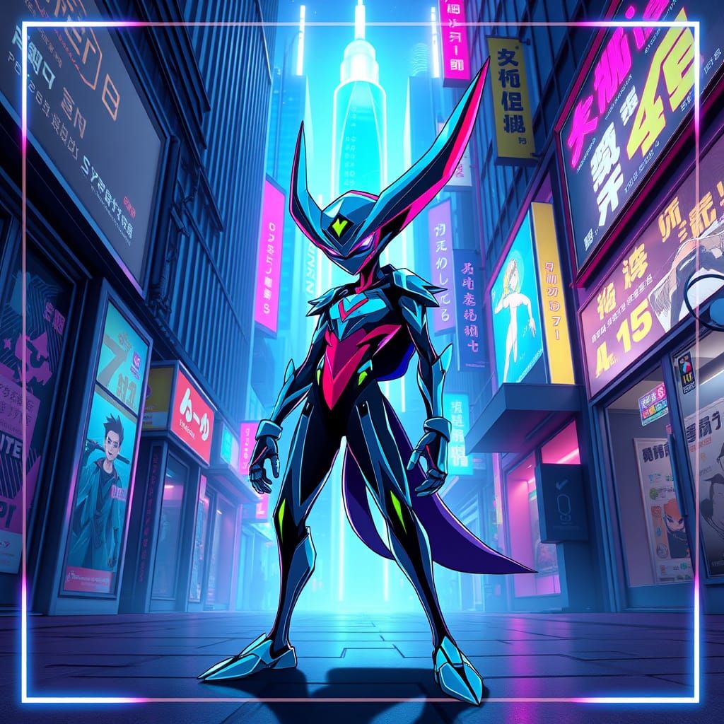 Cybernetic Greninja in Neon Alleyway: Anime Style