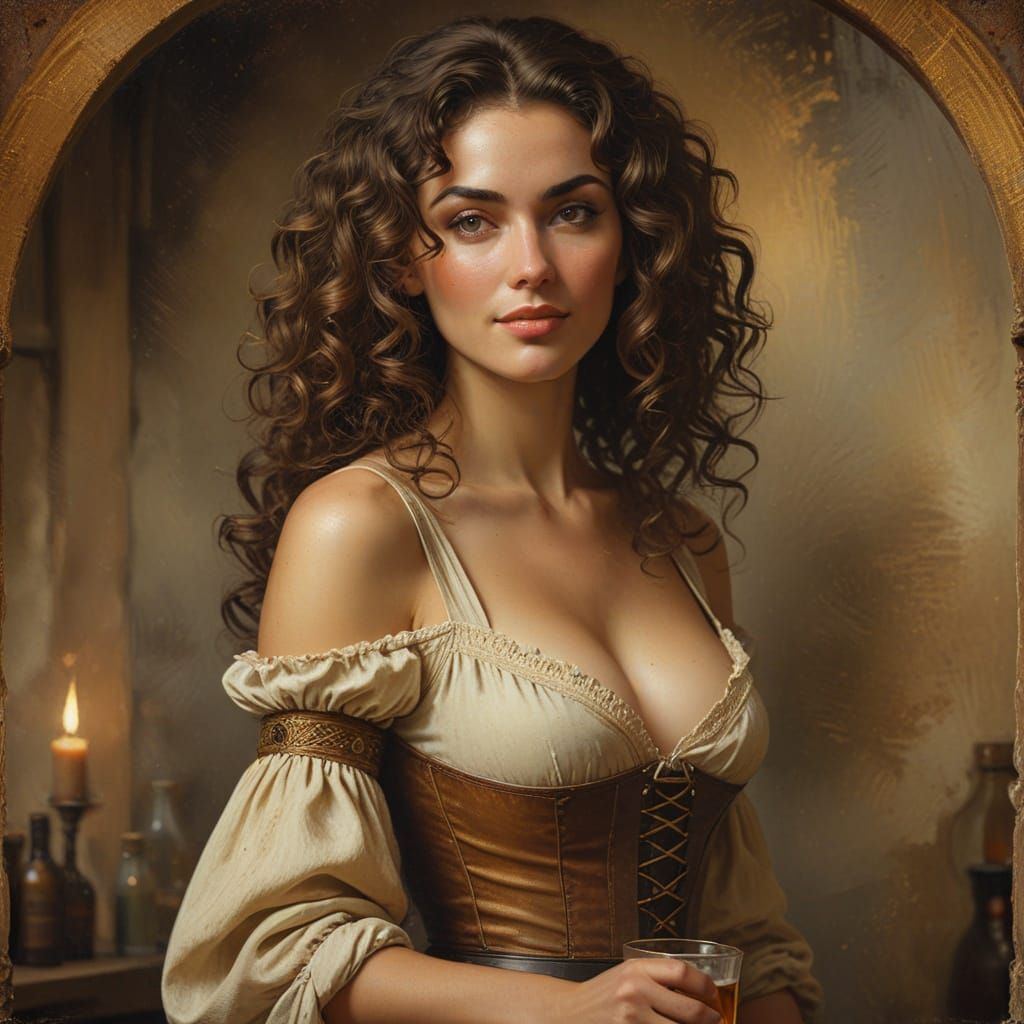 Medieval Barmaid with Curly Hair in Earthy Tones