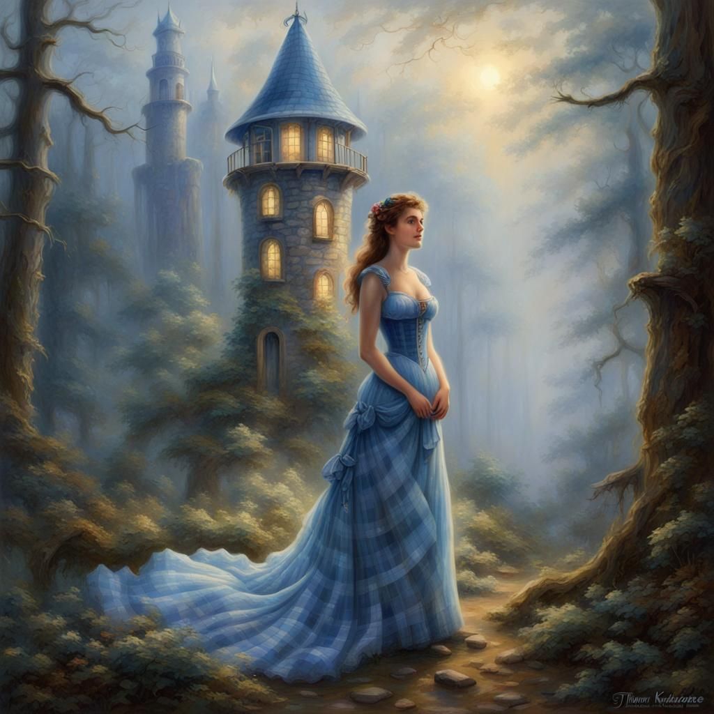 Ethereal Forest Tower Scene in Kinkade Style