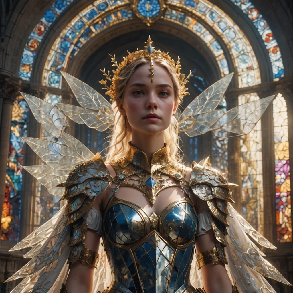 Armored Figure in Gothic Cathedral with Stained Glass