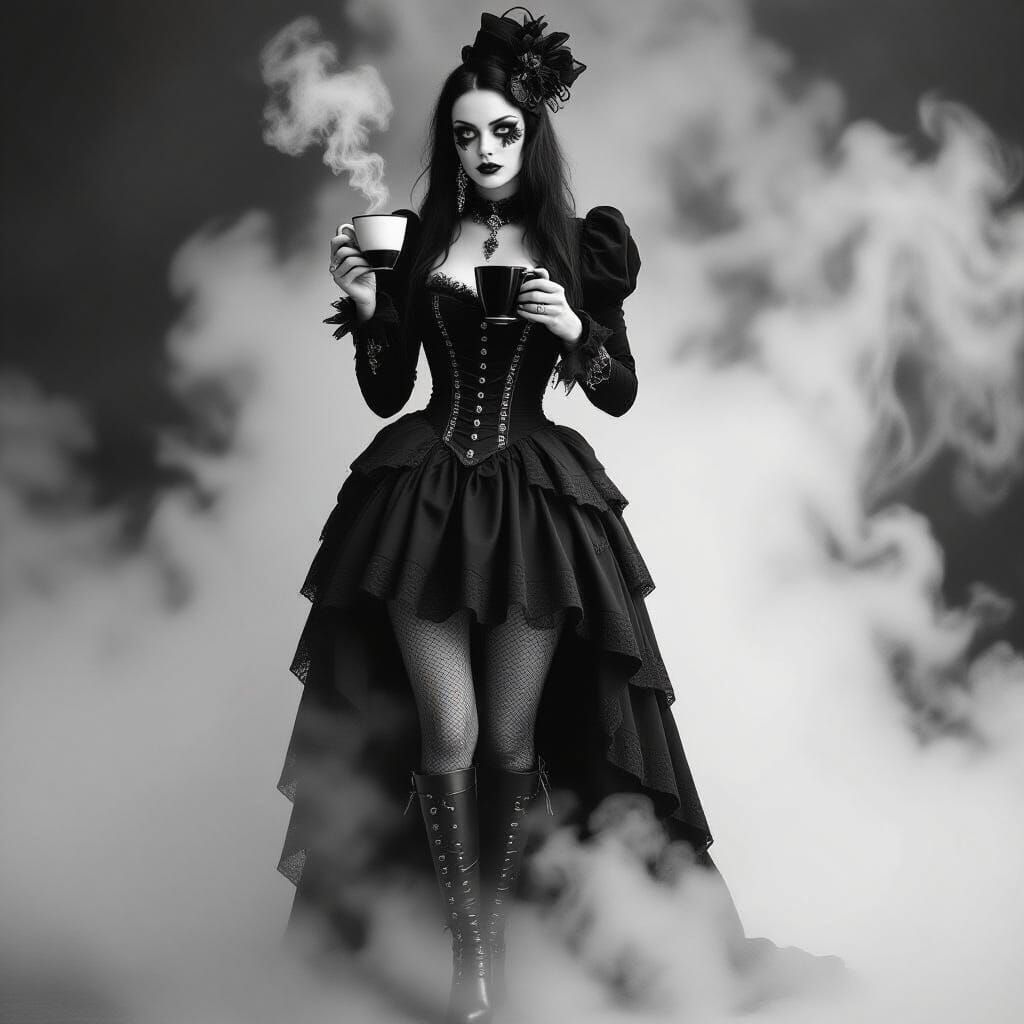 Goth Fashion Model in Fog, Black and White Photography