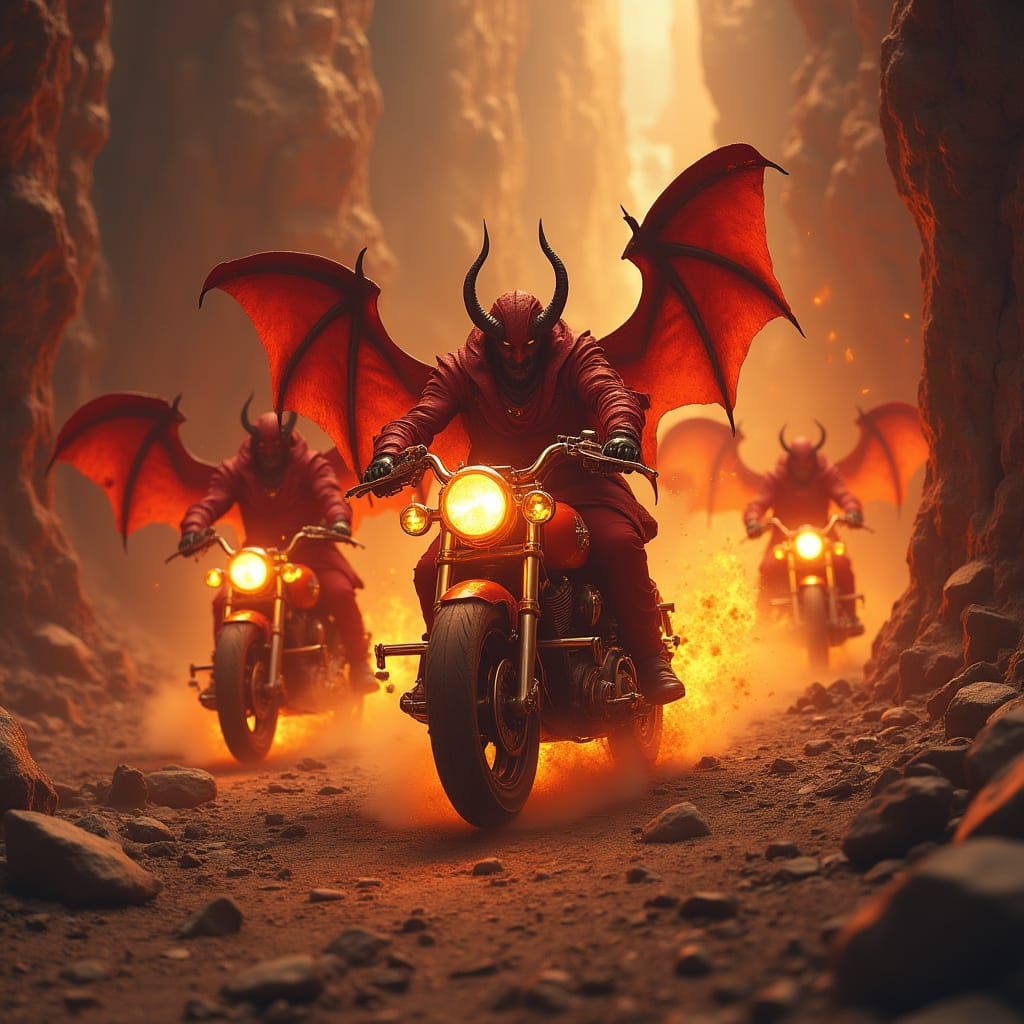 Fiery Underworld with Devils on Flaming Motorcycles