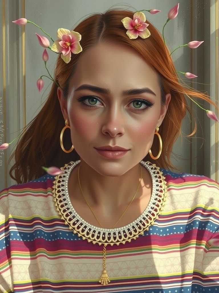 Stunning Latina Woman in Crimson and Gold Splash Art