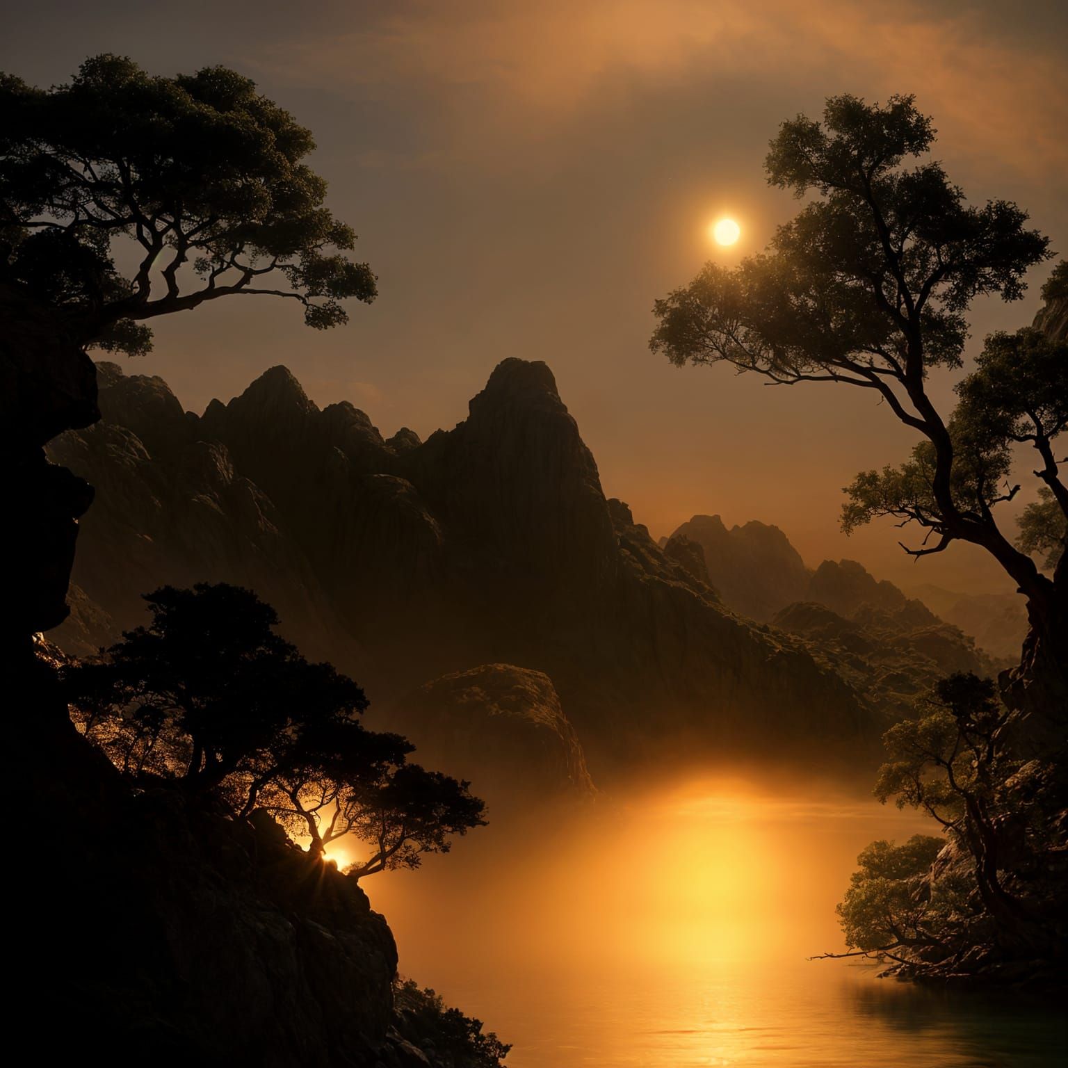 Mountain Temple Sunrise in Art Nouveau Style