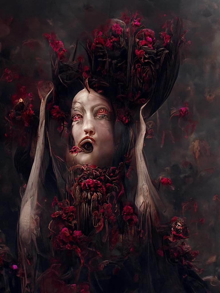 Sinister Queen in Hellish Garden: Digital Art