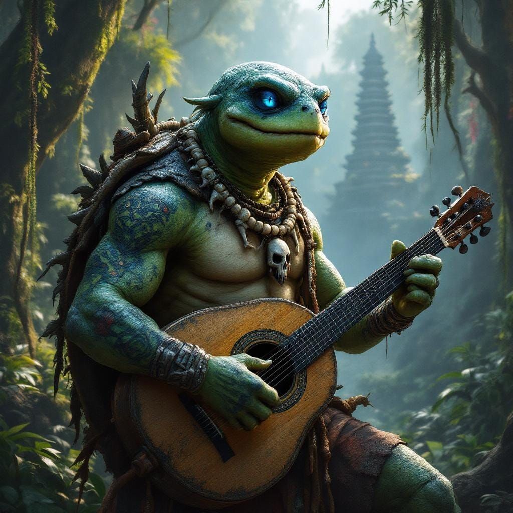 Turtle Bard in Fantasy Rain Forest Illustration