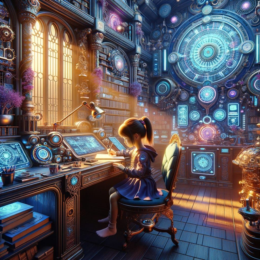 Asian Girl Studies in Futuristic Smart Room