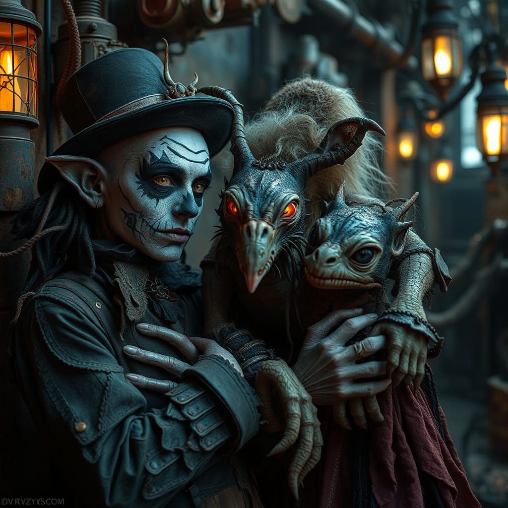 Eccentric Characters Petting Hybrid Creatures in Cinematic S...