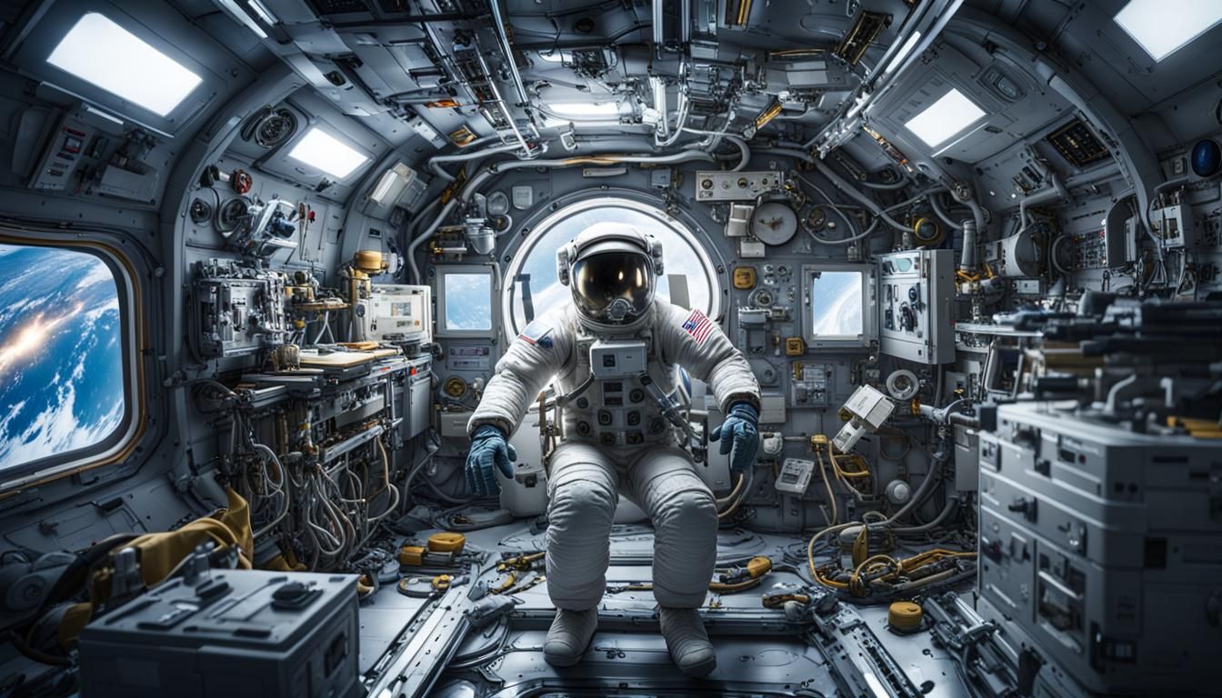 Astronaut Floats Among Tools in Space Station