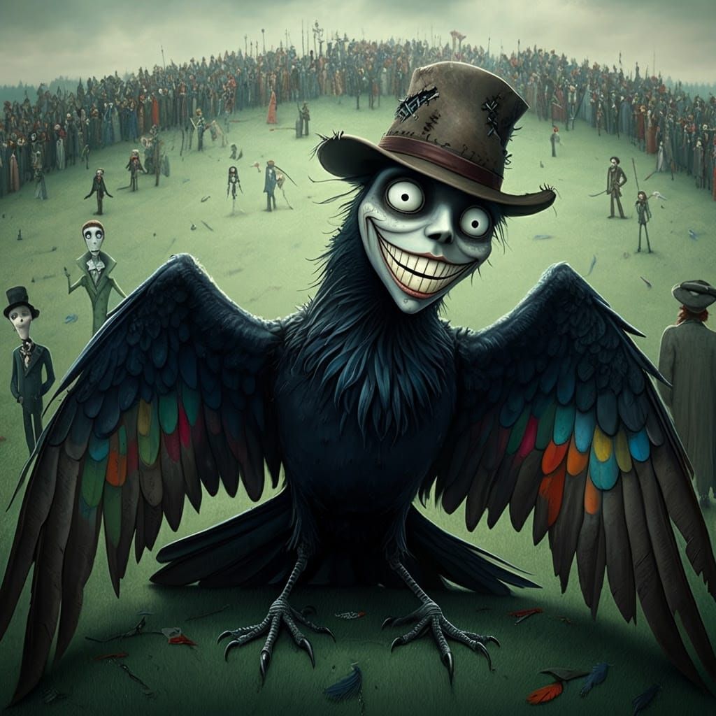 Surreal Raven Portrait in Whimsical Tim Burton Style