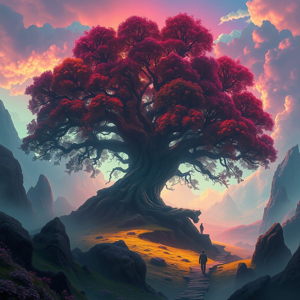 Vibrant Fantasy Realm with Ancient Tree