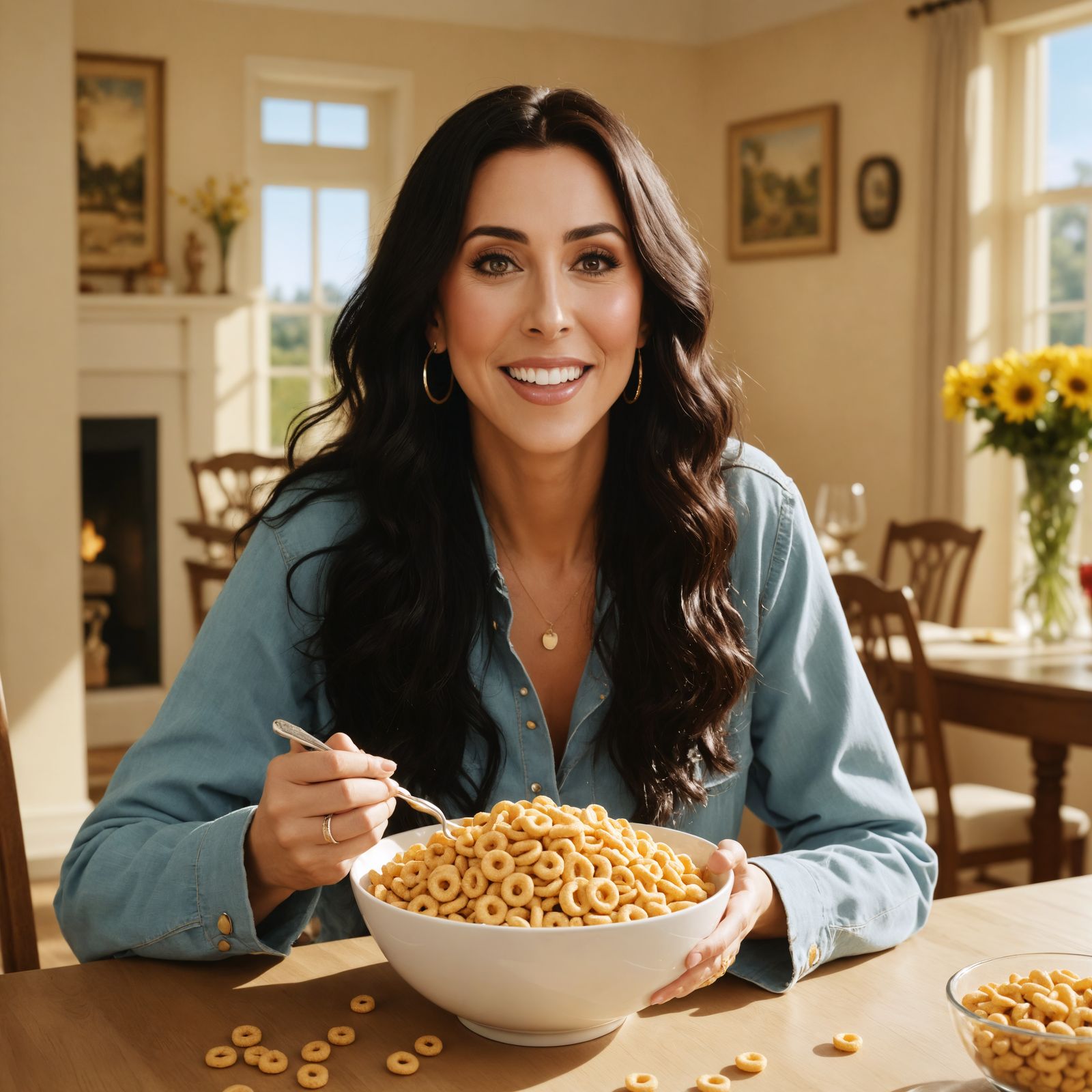 Radiant Young Woman Enjoys Breakfast Cereal