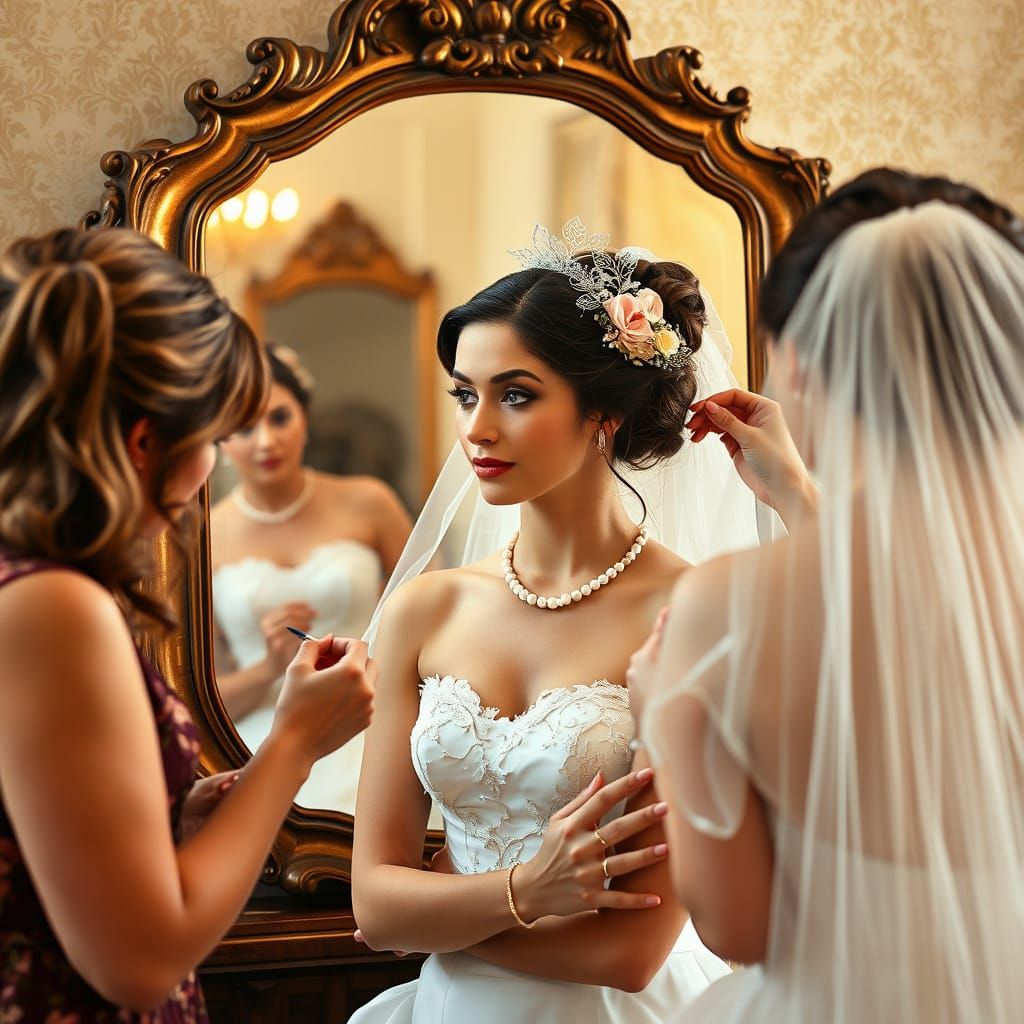 Elegant Bride Prepares for Wedding in Ornate Mirror Reflecti...