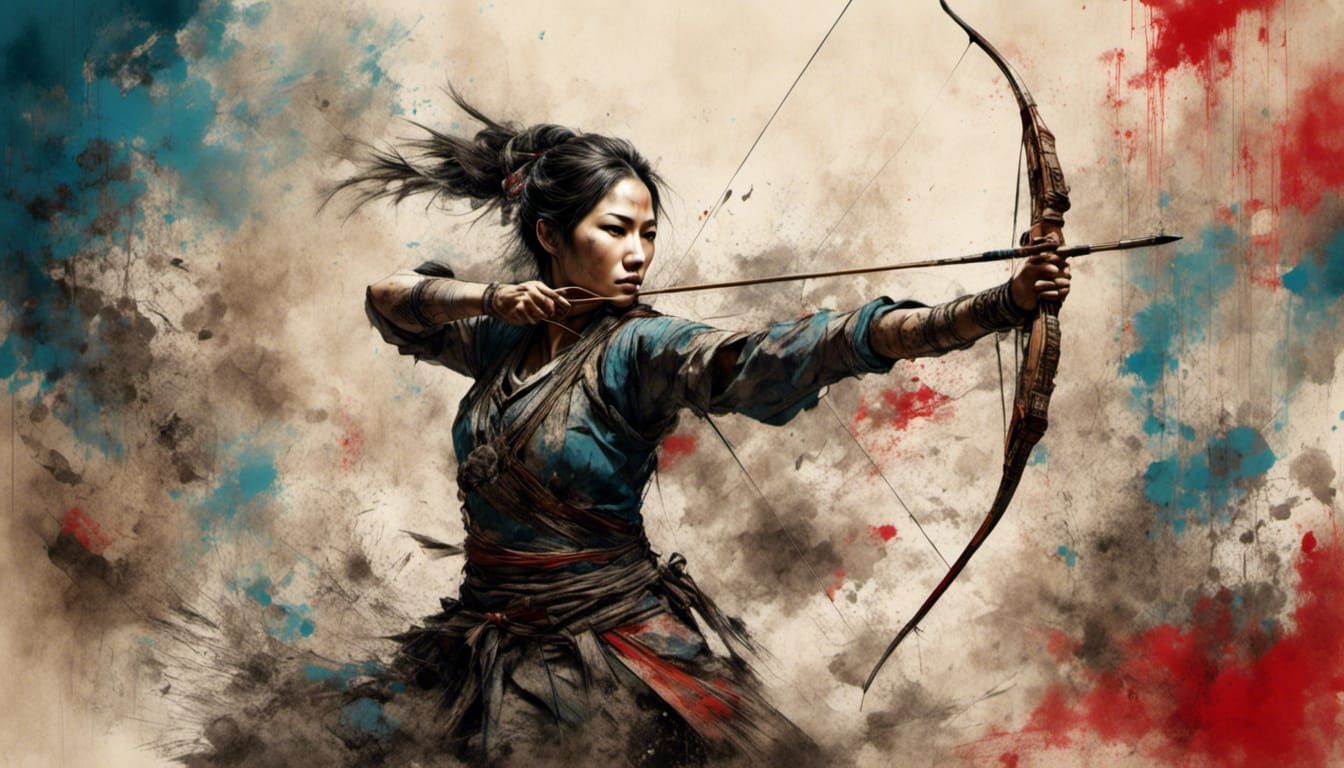 Japanese Archer Shooting Air Arrow in Matte Painting