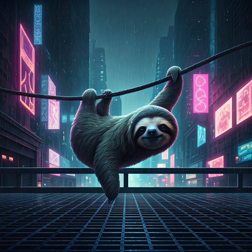 Sloth in Cyberpunk Cityscape