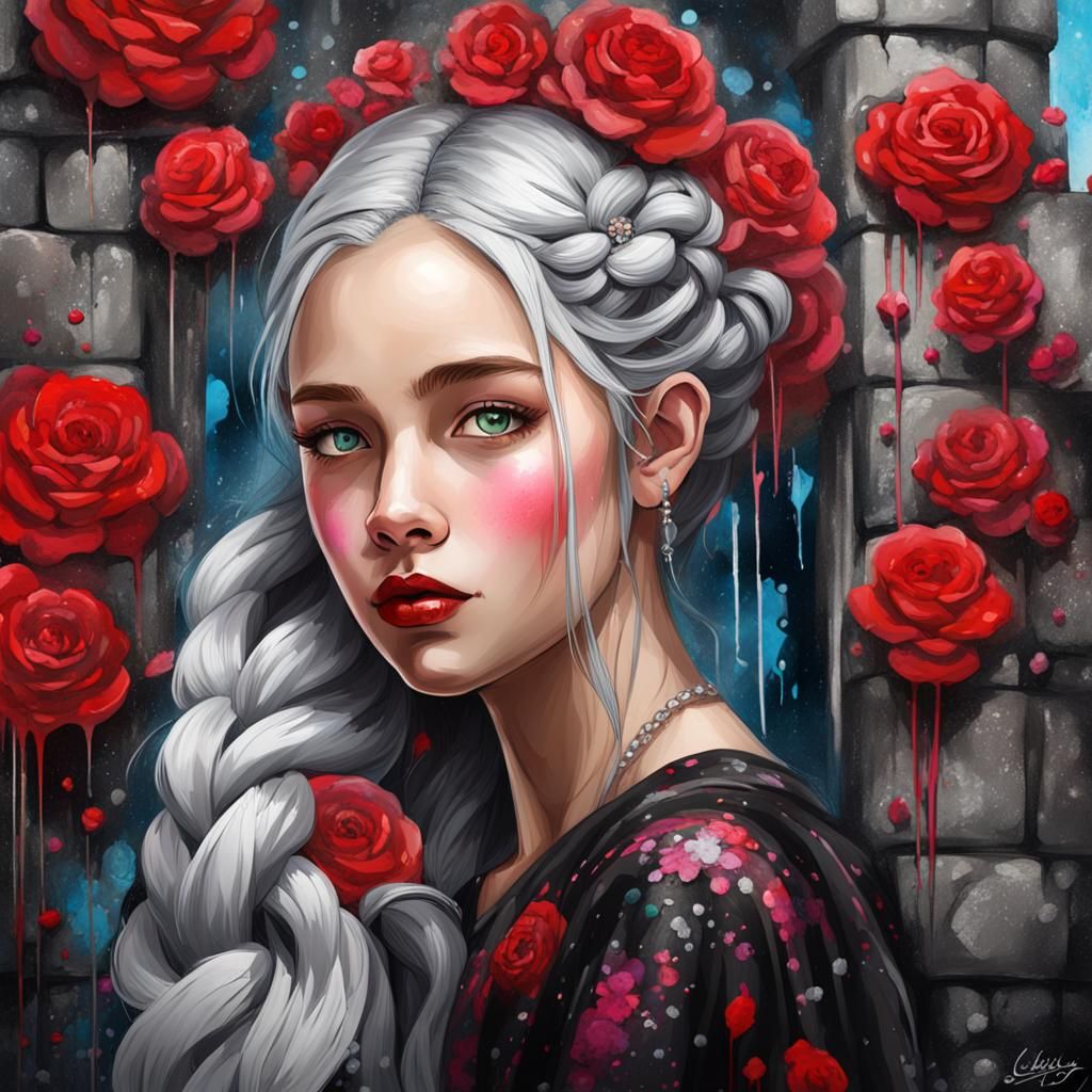 Silver Haired Girl in Castle Garden as Graffiti Art