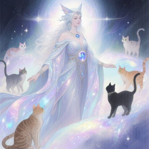 Ethereal Goddess with Cats in Celestial Watercolor Style