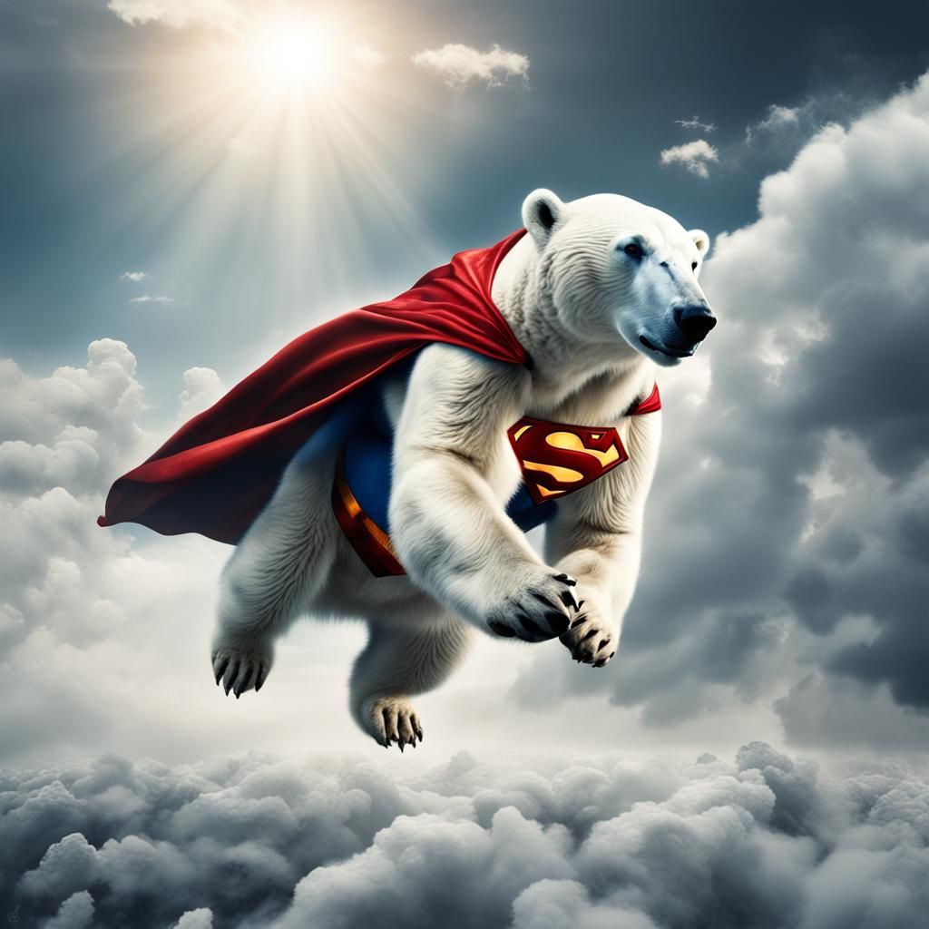 Polar Bear Superman Flies Through Clouds