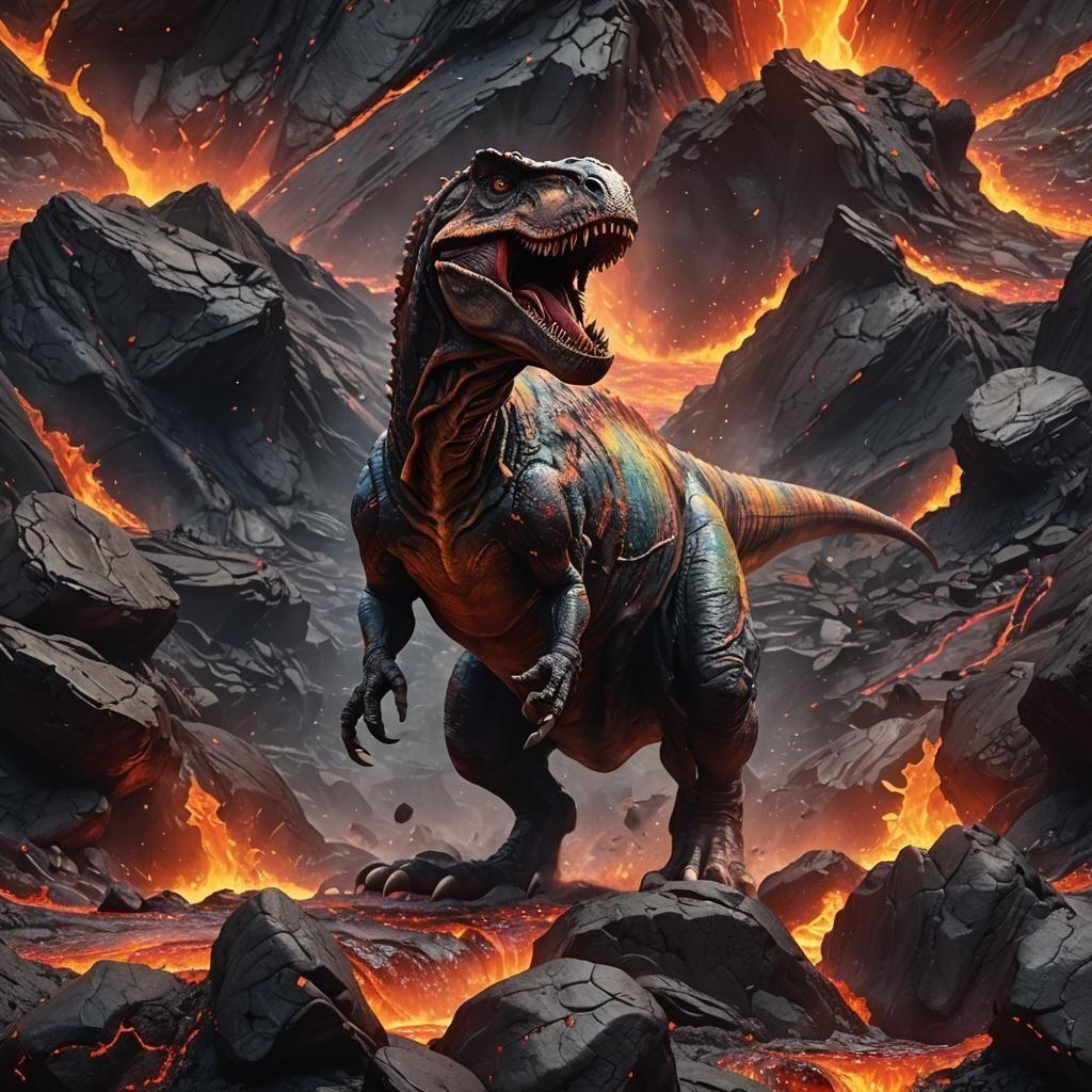 Dinosaur Trapped in Lava: Hyperrealistic Portrait