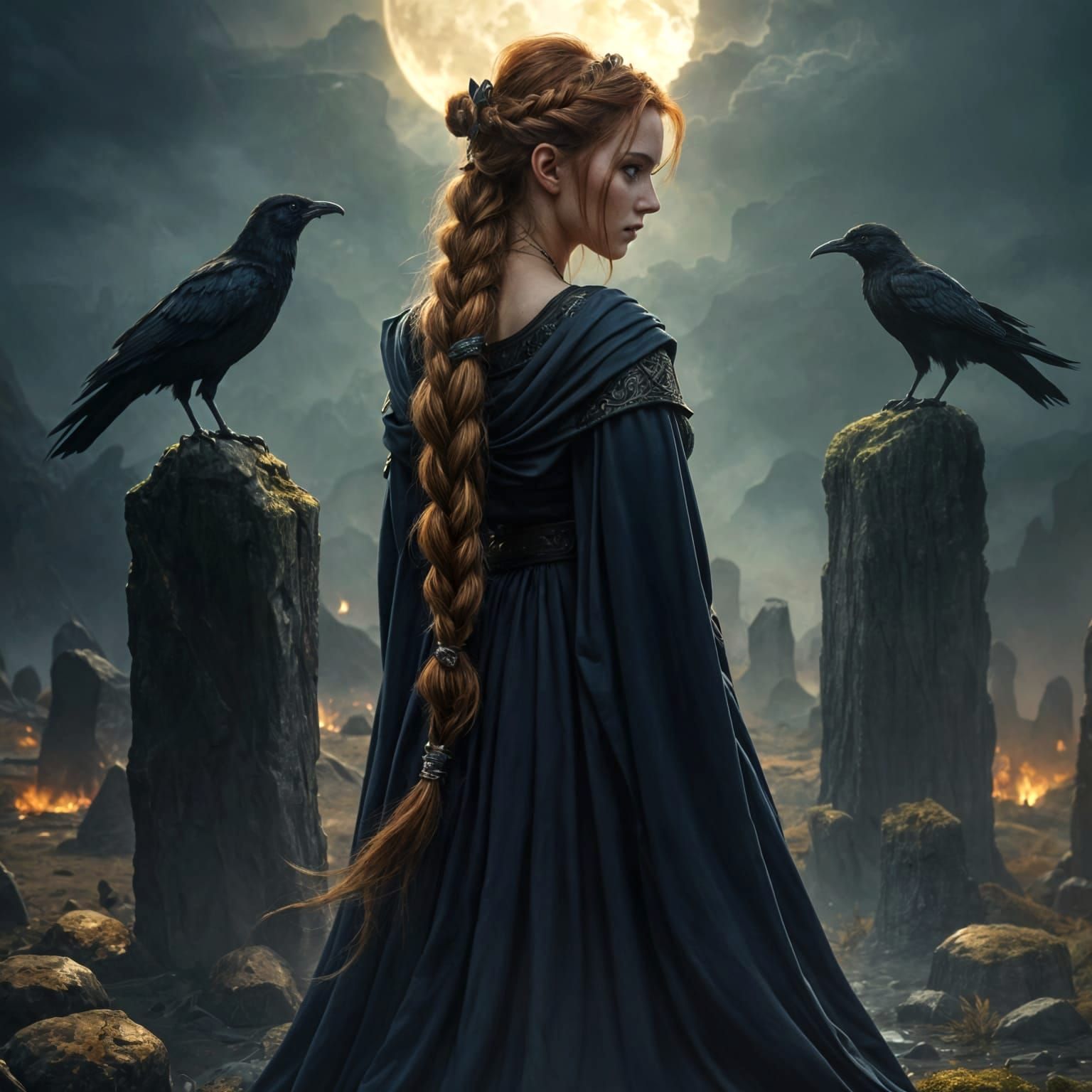 Mystical Celtic Goddess Amidst Dark Fantasy Landscape