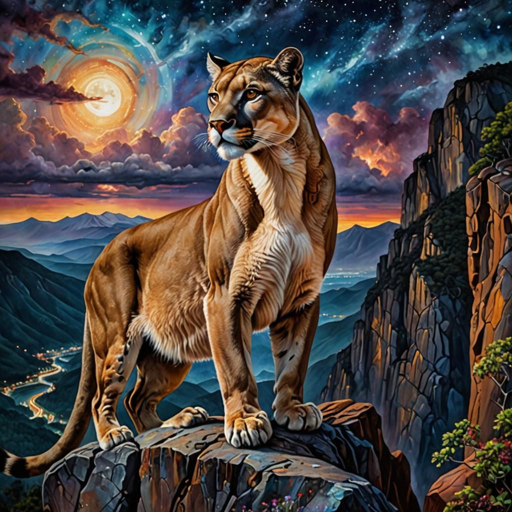 Majestic Mountain Lion Perched on Cliff at Night