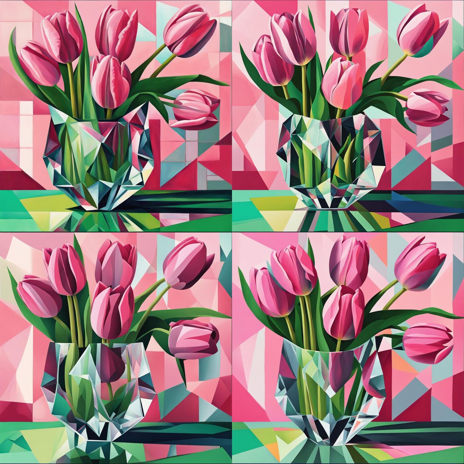 Pink Tulips in Crystal Vase, Cubist Chalk Art