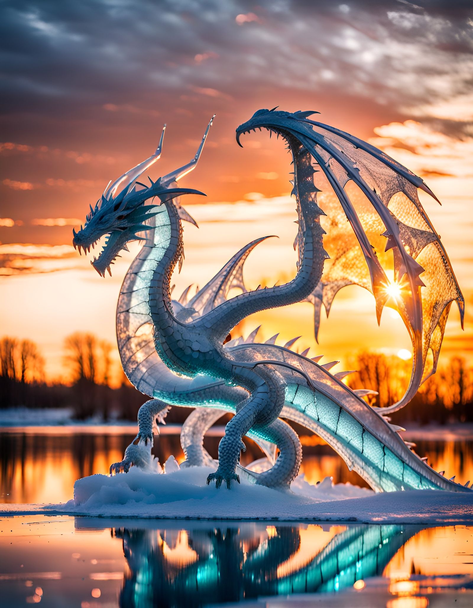 Majestic Ice Dragon Emerges at Sunset