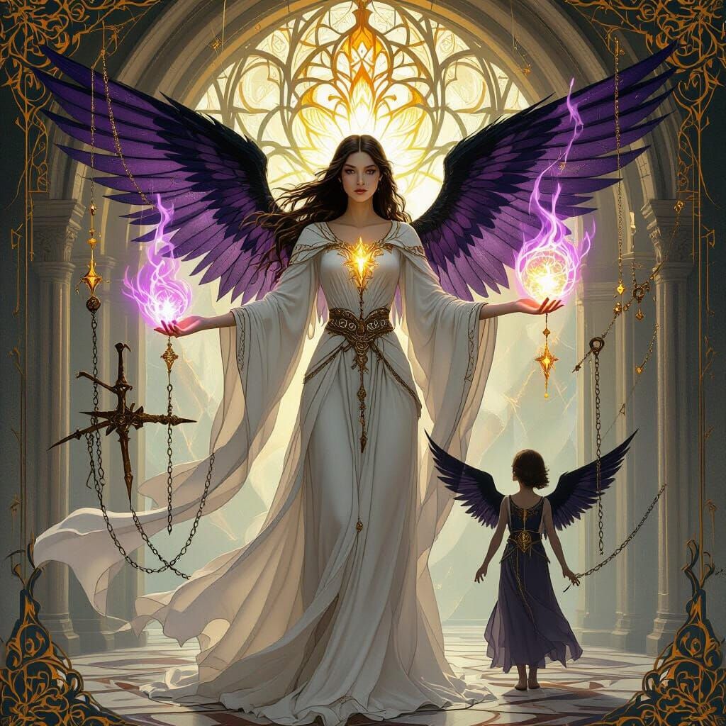 Ethereal Woman with Mismatched Wings in Sacred Style