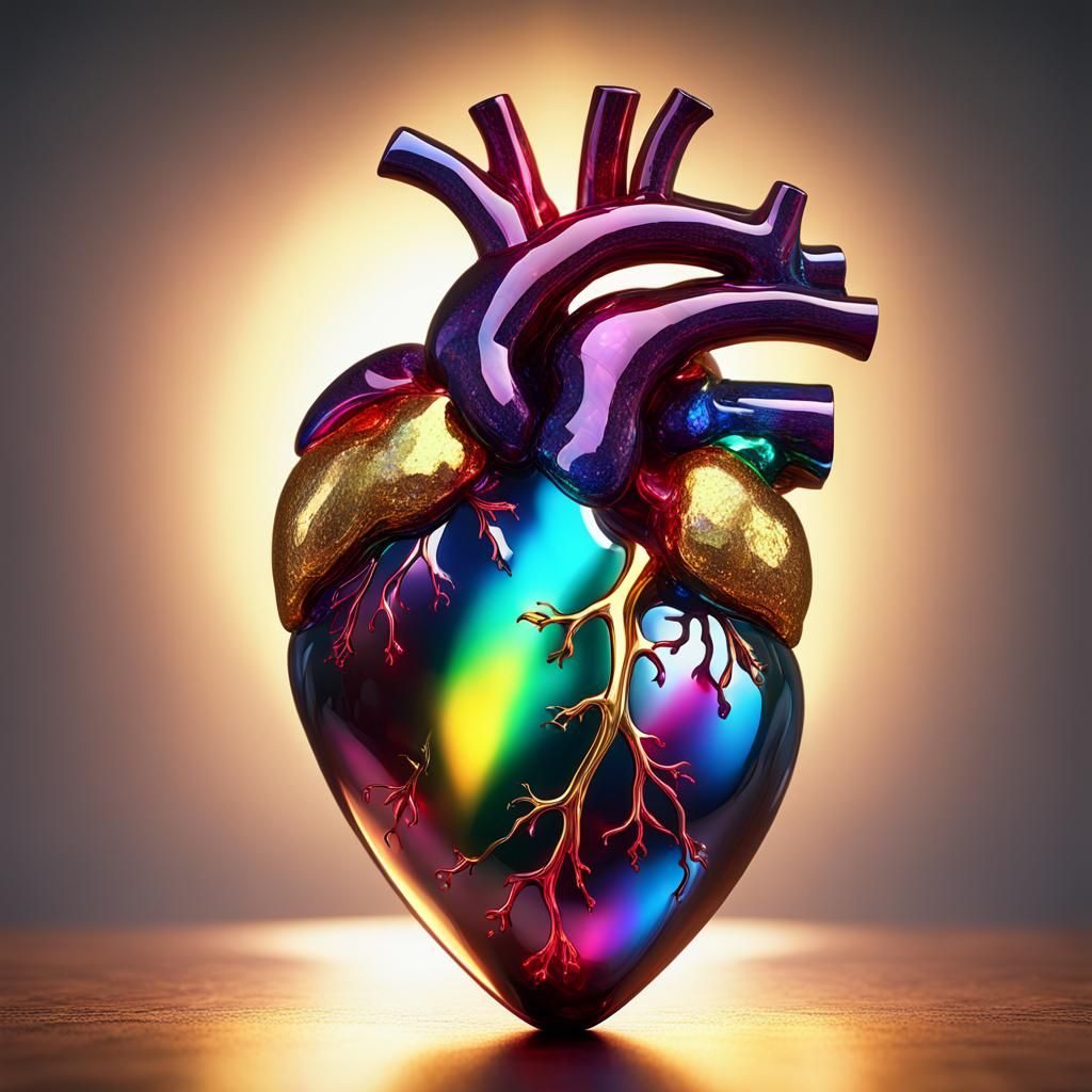 Ruby Heart Sculpture in Rainbow Glass Graffiti Art