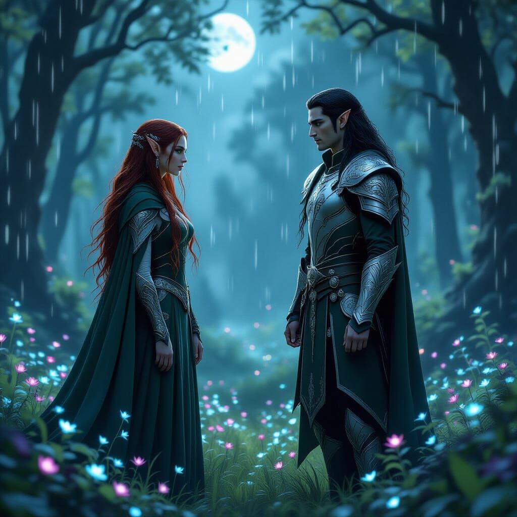 Enchanted Elven Meeting in Moonlit Forest