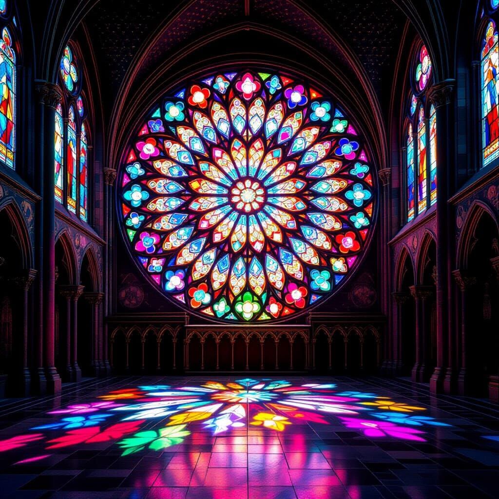 Crystal Rose Window in Ancient Cathedral, Divine Light