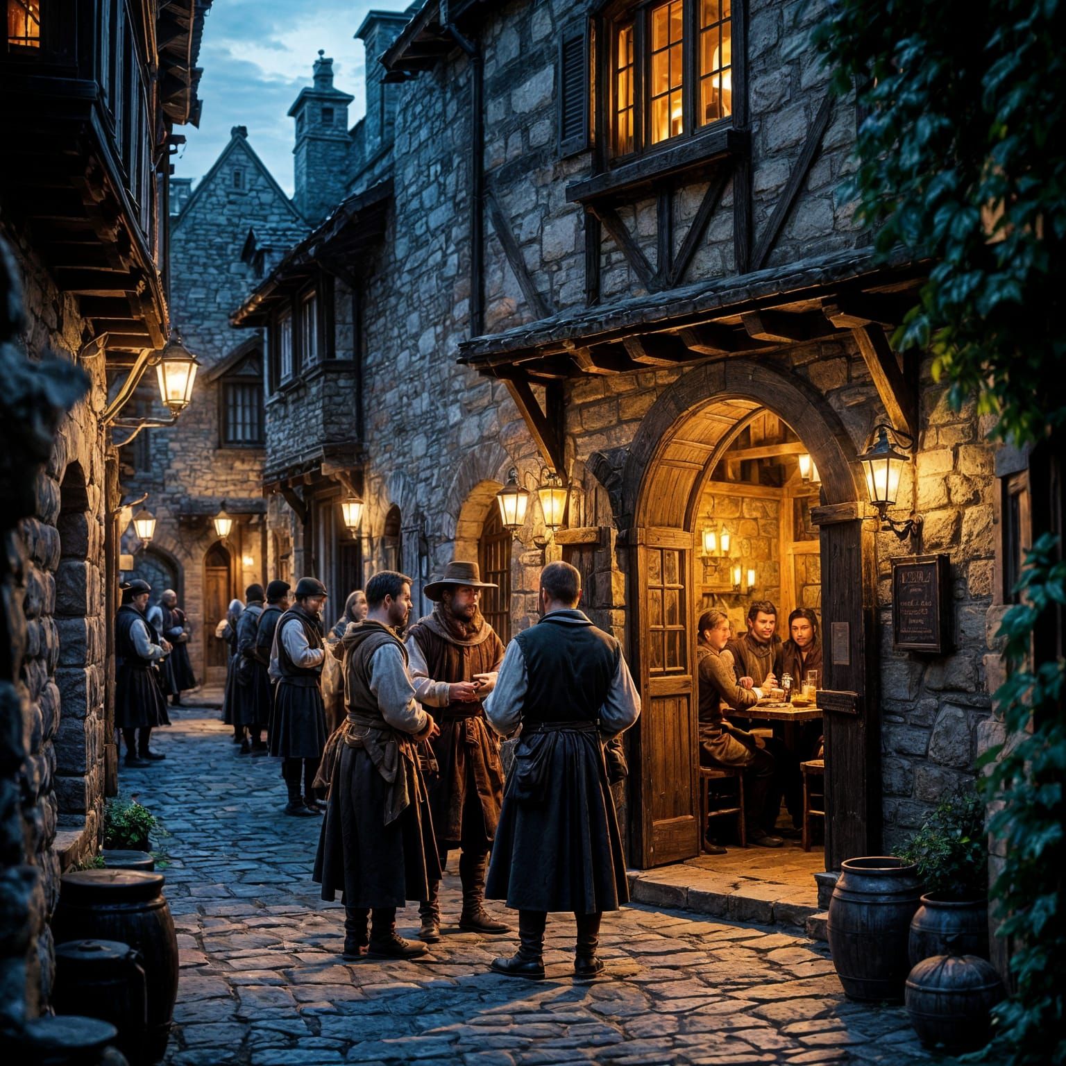 Medieval Alley Gathering at Dusk