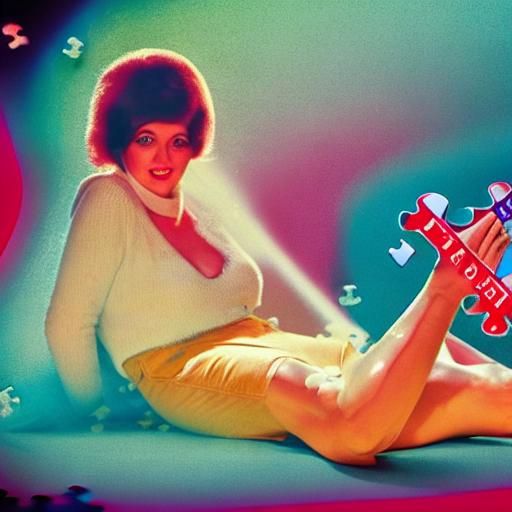 Women are playing a jigsaw puzzle; In 4k photorealistic detail; retro 1970s uk telethon;  Bloated dead body washes ashor...