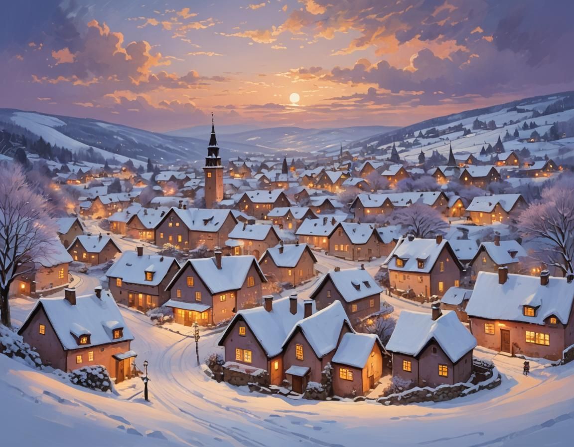 Charming Snow-Covered Village at Dusk