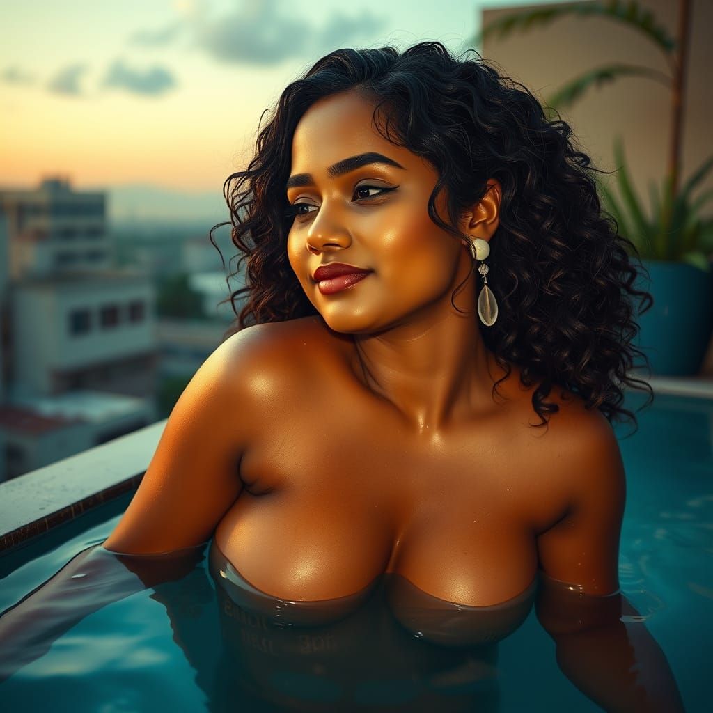Curvy Woman in Rooftop Pool: Detailed Matte Painting