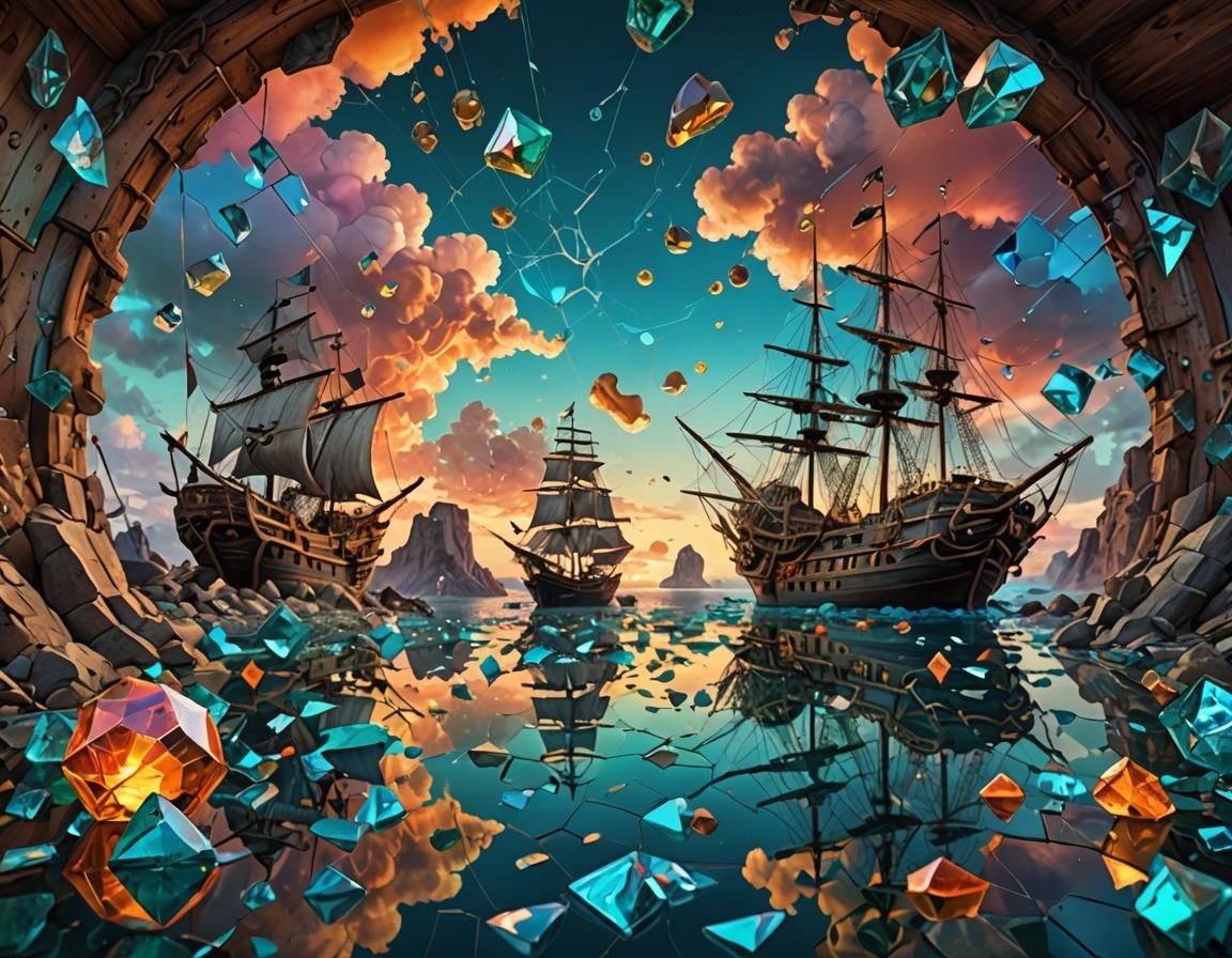 Surreal Pirate Cove Reflected in Shattered Glass