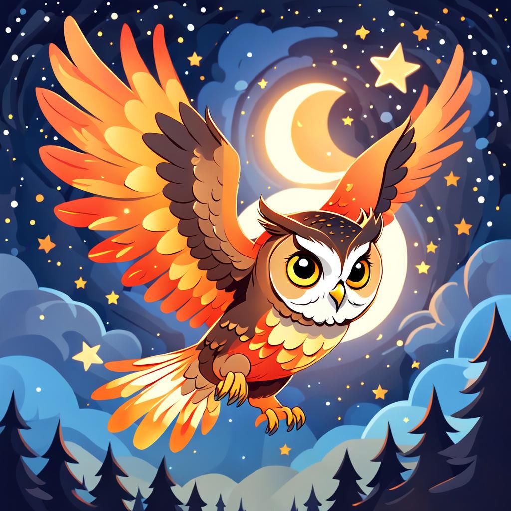 Fiery Owl Soaring in Starry Sky, Disney-Inspired Cartoon