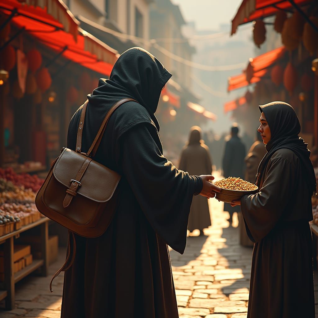 Hooded Figure in Bustling Market, Fantasy Concept Art