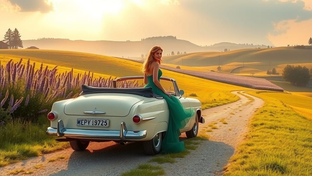 Elegant Woman in Emerald Gown Alights from Vintage Car in Ga...