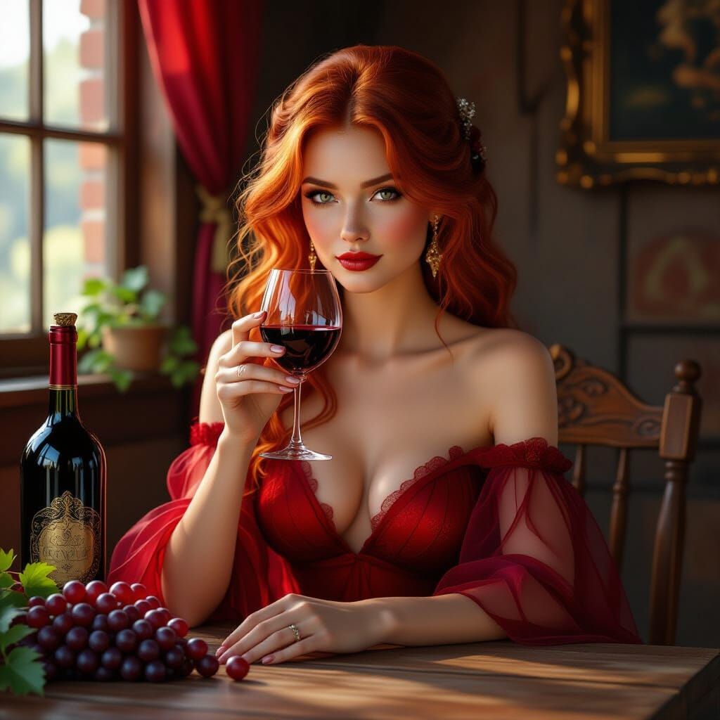 A beautiful red haired woman in a delicate, transparent dres...