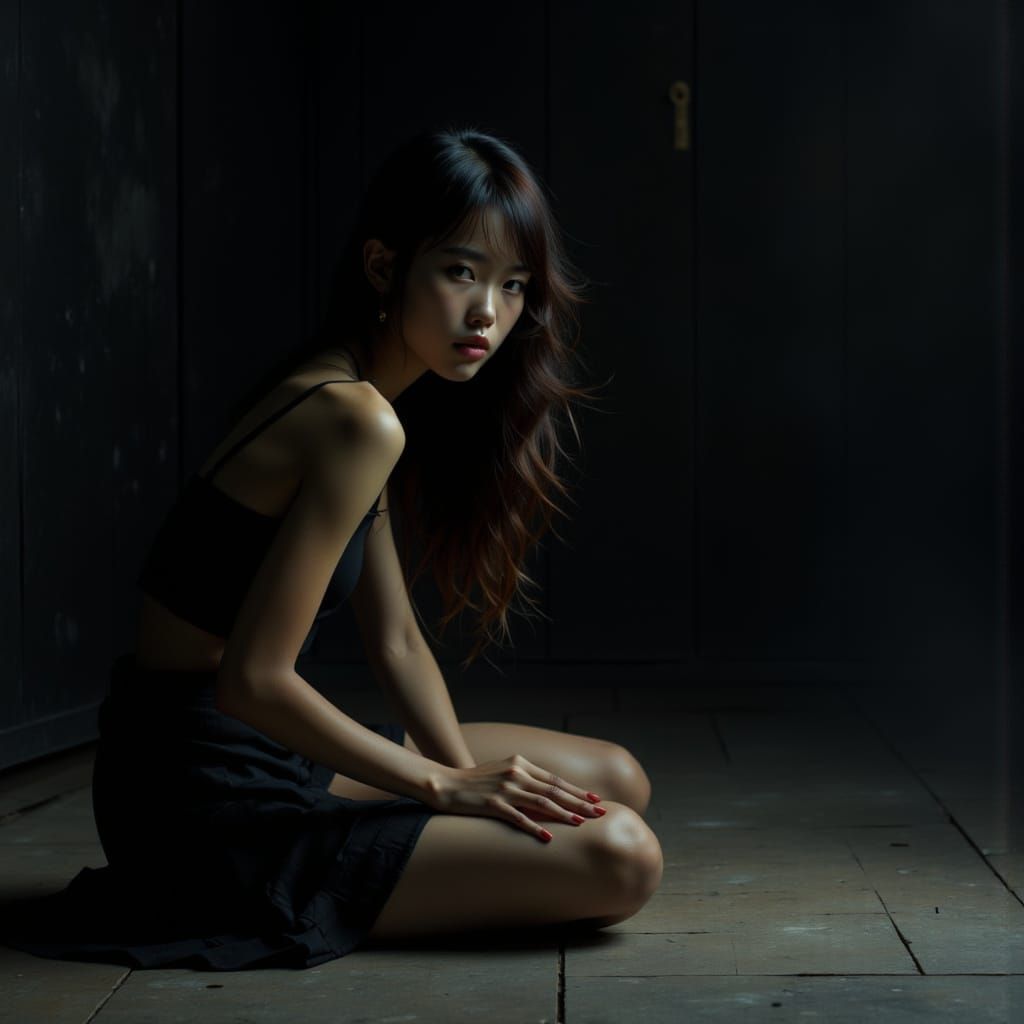 Serene Woman in Spotlight, Cinematic Portrait
