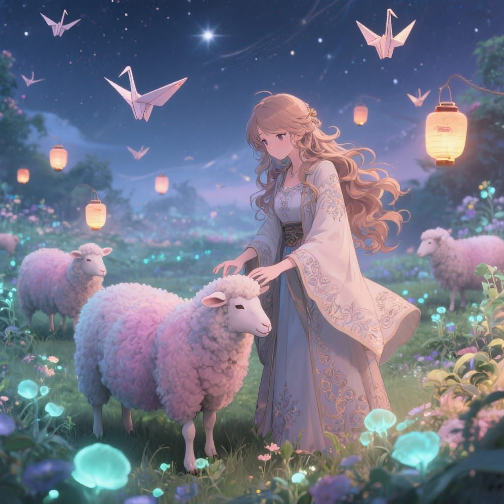 Anime Shepherdess in Bioluminescent Celestial Garden