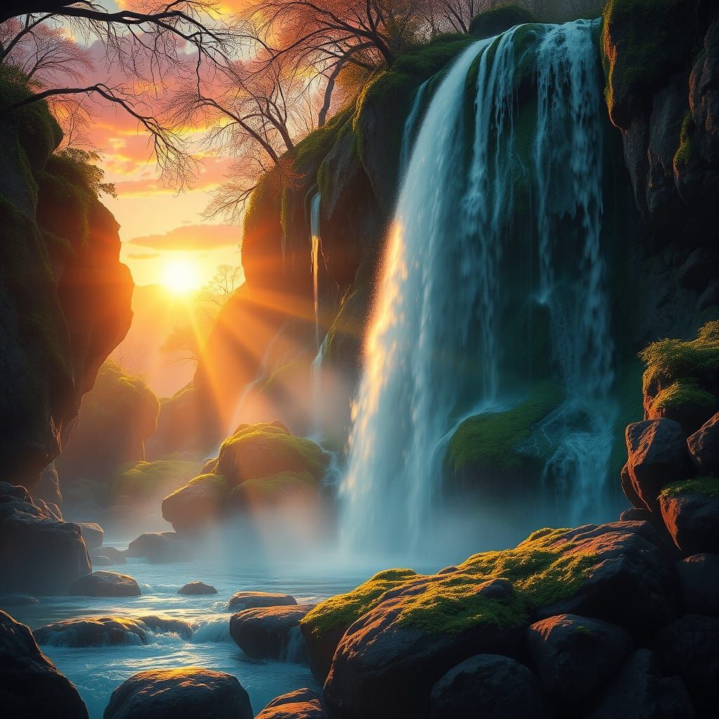 Mystical Waterfall under Vibrant Sunset