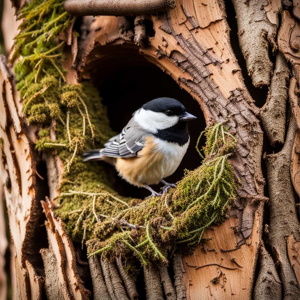 Chickadee Builds Moss Nest in Cedar Tree