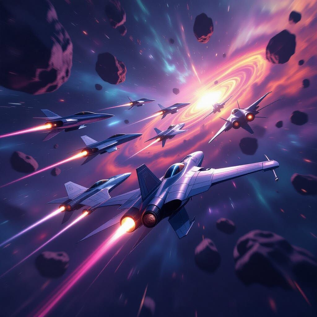 Futuristic Fighter Jets Battle in Asteroid Field Amid Nebula
