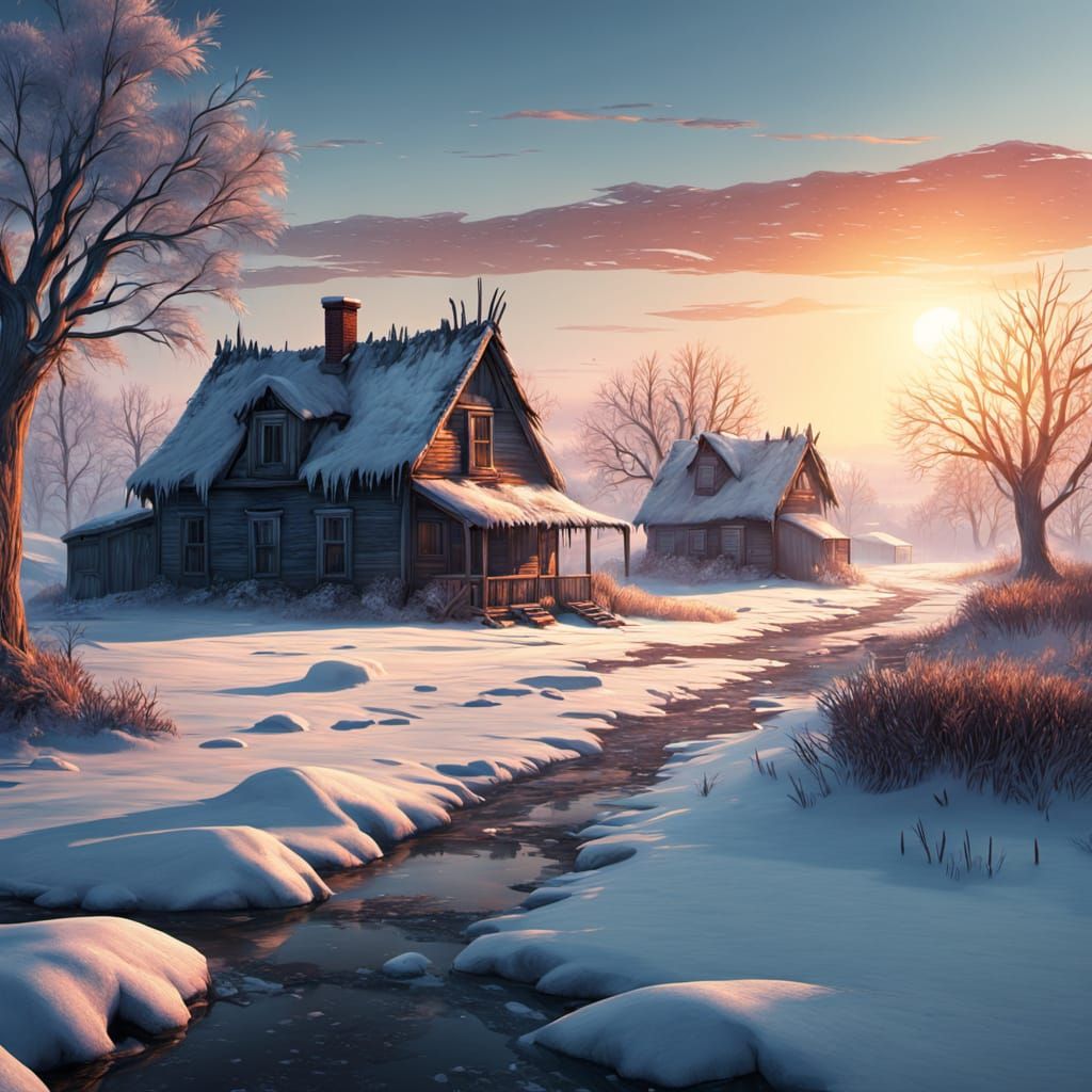 Sunrise Over Frozen Village Melting Snow Realistic Digital A...