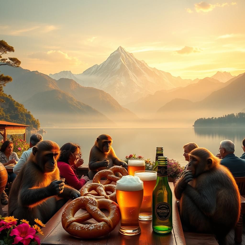 Himalayan Beer Garden at Sunset: A Photorealistic Scene