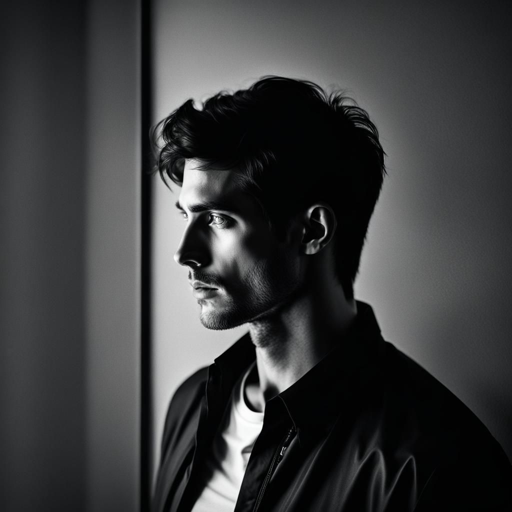 Introspective Young Man: High Contrast Black and White Portr...